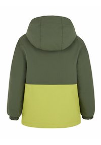 Veste à capuche verte et jaune avec un design color-block, une texture lisse, des poignets élastiques et une construction chaude et isolante.