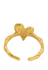 Goldring mit einer herzförmigen Oberseite, die eine glatte, polierte Oberfläche und ein gedrehtes Banddesign aufweist. Kompakt und hinten offen.