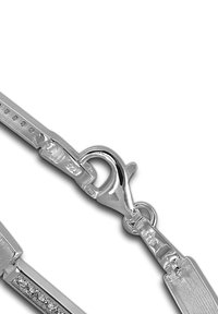 Silver metal clasp with decorative accents, featuring a lobster claw mechanism and a rectangular link with small decorative stones.