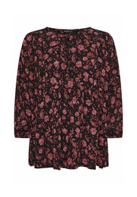 Blusa nera con un motivo floreale in rosa e rosso. Presenta maniche lunghe, scollatura rotonda, bottoni sul davanti e un orlo arricciato.