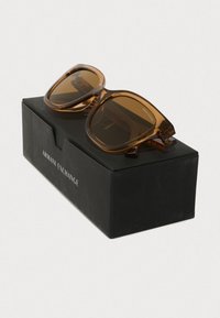 Hnědé oversized sluneční brýle s průhledným rámem a gradientními skly, odložené na černé krabičce s logem "Armani Exchange".