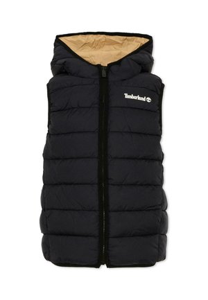Czarna pikowana bezrękawnik z kapturem, zamkiem błyskawicznym z przodu i logo Timberland na lewej piersi, beżowa podszewka kaptura widoczna od środka.