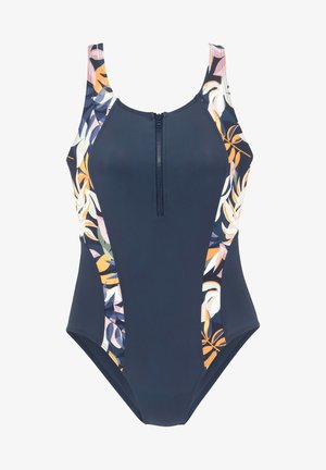 Costum de baie întreg, de culoare marină, cu panouri laterale cu model floral, fermoar frontal și bretele ajustabile. Fabricat dintr-un material elastic pentru confort.