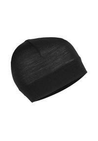 Černá čepice s úzkým střihovým designem, vyrobená z tenkého a jemného materiálu. Má hladký, přiléhavý tvar bez švů nahoře a úzký vroubkovaný manžet.
