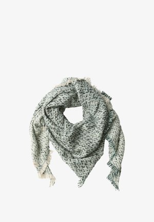 Textured scarf in light green and white, features a geometric pattern, fringed edges, and a triangular shape. Soft fabric material.