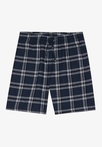 Navy plaid shorts with white and light blue checks, elastic waistband, and drawstring. Made from soft fabric, featuring a relaxed fit.