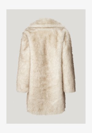 Palton din blană sintetică de culoare crem, cu o textură moale, având guler și mâneci lungi, conceput pentru o potrivire lejeră. Vedere din spate afișată.