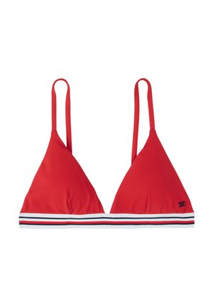 Rode geribbelde driehoek bikini top met dunne bandjes en een brede band met een witte en marineblauwe streep aan de onderkant.