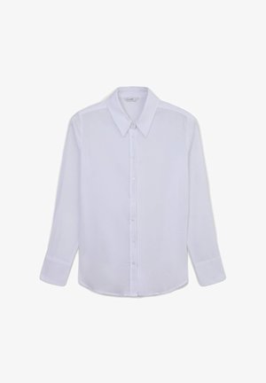 Camicia bianca a maniche lunghe realizzata in tessuto morbido, con colletto classico, apertura con bottoni e polsini con bottone per un design strutturato.