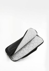 Black laptop case with a textured gray interior, padded for protection. Features a zip closure, slim profile, and quilted pattern on the lining.