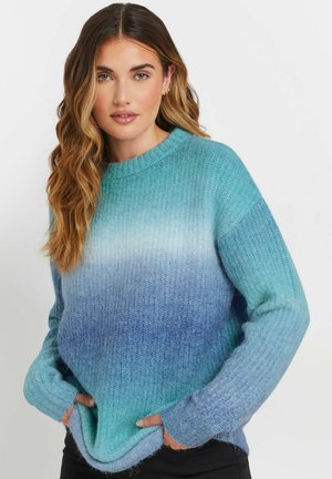Strickpullover in Farbverläufen von Türkis und Blau, mit einem gerippten Ausschnitt, lockerer Passform und langen Ärmeln mit Bündchen.