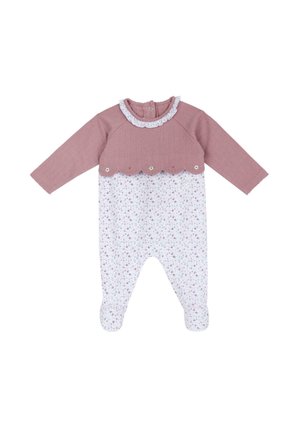 Tutina per neonato a maniche lunghe con la parte superiore color rosa polvere con bordo smerlato e la parte inferiore a fantasia floreale bianca con gambe con piedini.