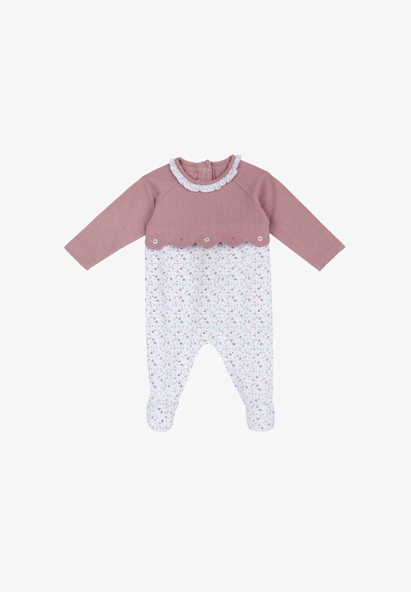 Grenouillère bébé à manches longues avec la moitié supérieure rose poudré bordée d'une lisière festonnée et la partie inférieure blanche à motif floral, jambes avec pieds intégrés.
