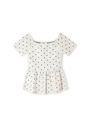 Weißes, kurzärmeliges Peplum-Oberteil mit schwarzen Polka-Dots, eckigem Ausschnitt und gerafftem Taillendetail.