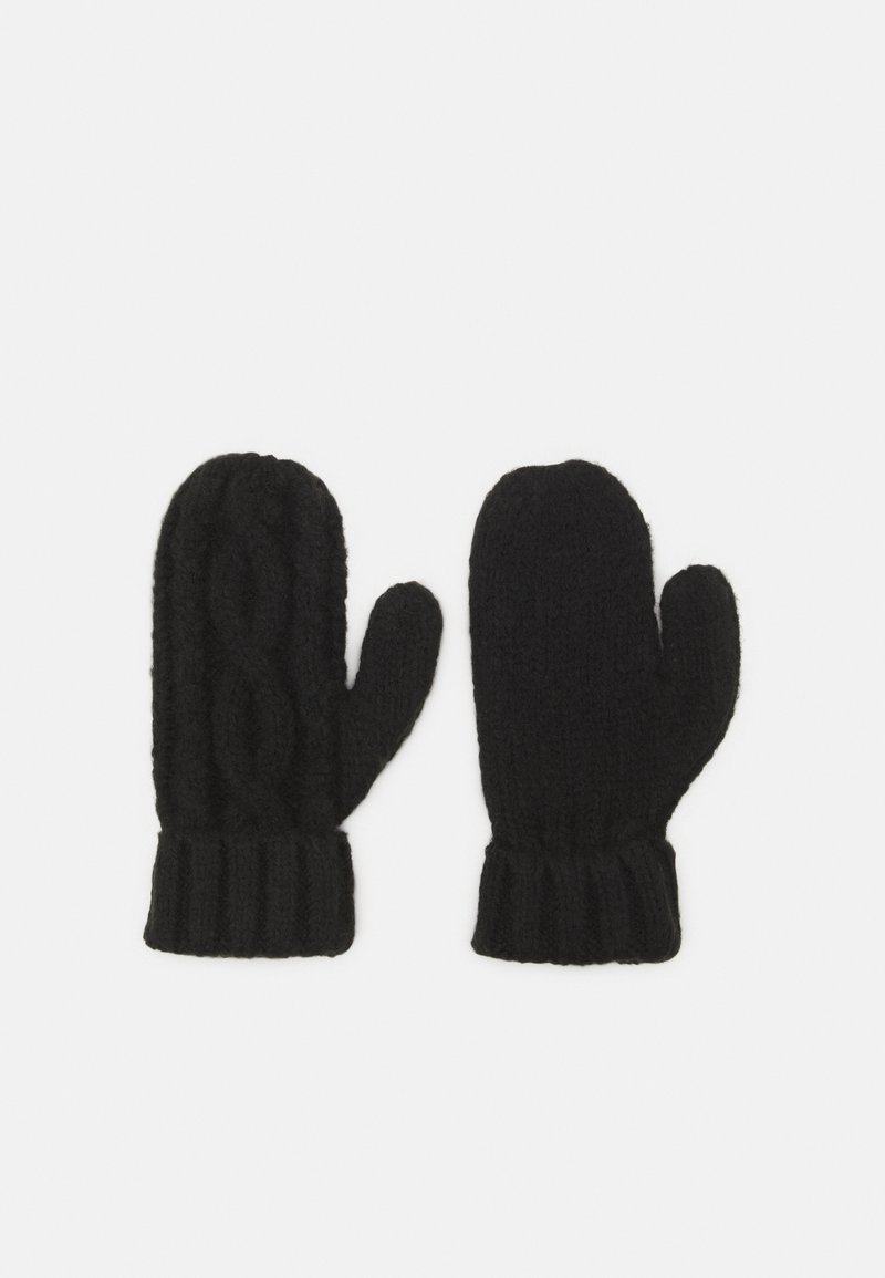 Zwarte gebreide wanten met een kabelpatroon en geribbelde manchet. Gemaakt van dikke stof voor warmte, met een ronde vorm.