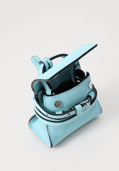 Small turquoise leather handbag with black trim, featuring a flap top, silver hardware, and a double strap for carrying. Interior is black.