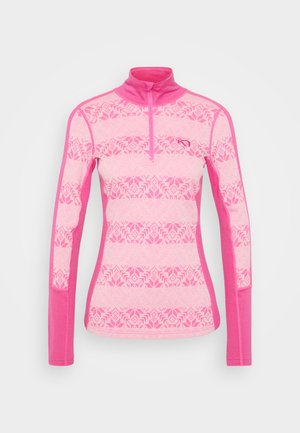 Fleece long-sleeve shirt in pink with a high collar. Features a patterned front with floral motifs and solid pink side panels. Zip closure.