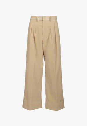 Pantaloni beige a gamba larga realizzati in tessuto strutturato, con pieghe frontali e passanti per cintura, con orli rifiniti con cura.