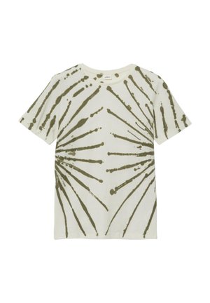 Weißes T-Shirt mit kurzen Ärmeln und olivgrünem, radialem Batikmuster, das von beiden Seiten zur Mitte hin verläuft.