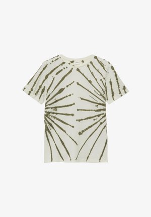 Weißes T-Shirt mit kurzen Ärmeln und olivgrünem, radialem Batikmuster, das von beiden Seiten zur Mitte hin verläuft.