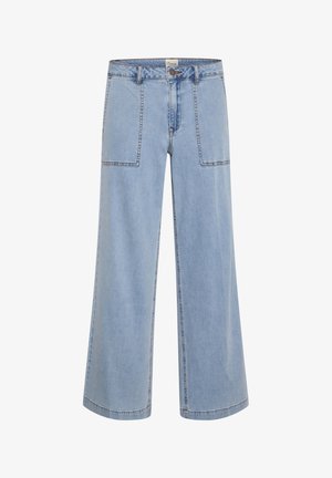 Vaaleansiniset leveälahkeiset farkut, joissa on kaksi suurta etutaskua, napitusfrontti ja kontrastivärinen ommel saumoissa.