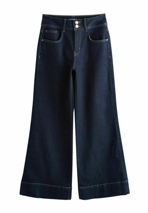 Mörkblå jeans med vida ben i denim, med hög midja, dubbel knappstängning, bältesloopar och framfickor med kontrasterande sömmar.