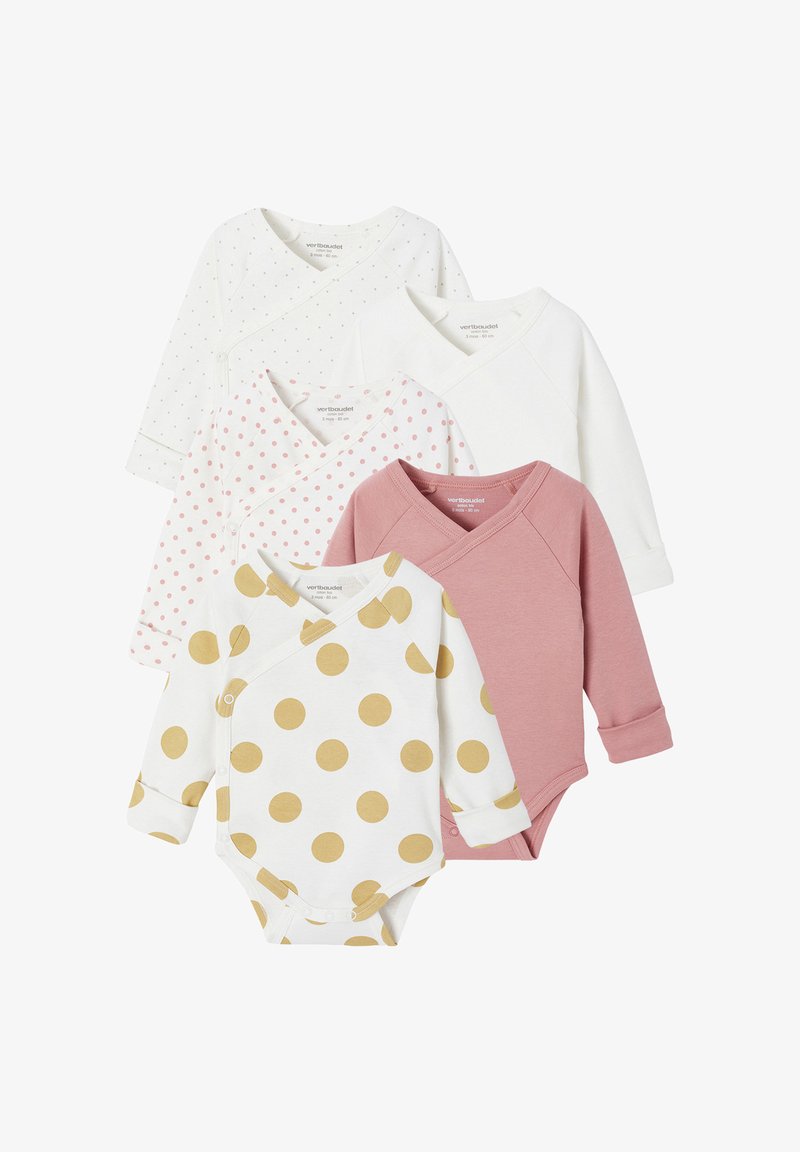 Five long-sleeve bodysuits in cotton. Includes white with gold dots, pink, and white with pink dots. All feature wrap designs and snap closures.
