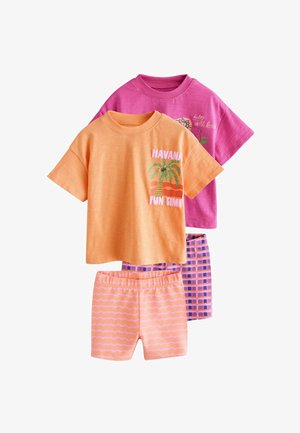 Sæt med to t-shirts med korte ærmer i orange og pink med grafik. Inkluderer pink shorts med bølget mønster og shorts med ternet mønster.