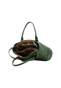 Groene leren tote bag met een pluchen interieur met een ruitpatroon. Inclusief stevige dubbele handvatten en een ritsvak voor organisatie.