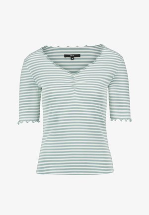 Dames top met korte mouwen van geribbelde stof, lichtgroene en witte horizontale strepen, gegolfde randen en een geplooide V-hals.