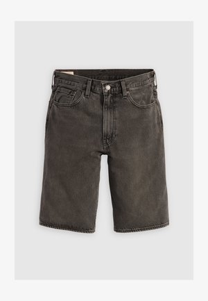 Tumši pelēki denima šorti ar regulāru piegriezumu, kuriem ir piecas kabatas, pogu aizdare un strukturēta josta. Mīksta tekstūra, tīrs dizains.