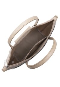 Sac à main en simili cuir beige avec double poignées, fermeture éclair et un intérieur avec plusieurs compartiments pour l'organisation.