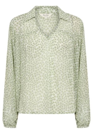 Lightweight, sheer blouse with a green floral pattern, long sleeves, and a V-neck collar. Relaxed fit with subtle pleating detail.