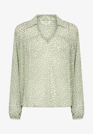 Lichte, doorschijnende blouse met een groen bloemenpatroon, lange mouwen en een V-hals. Ontspannen pasvorm met subtiele plooidetails.