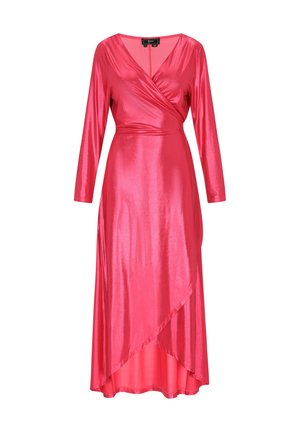 Langärmliges, Wickelkleid aus glänzendem, leuchtendem pinkfarbenem Stoff mit knielangem Saum und asymmetrischer, drapierter Front. Weiche Textur.