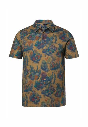 Polo marrone a maniche corte con motivo a barriera corallina multicolore e tre bottoni marroni sulla patta del colletto.