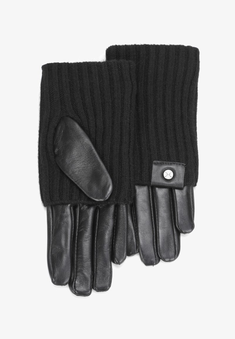 Černé rukavice s žebrovaným vlněným manžetou a hladkými koženými prsty. Jeden prst je pokryt koženým víčkem pro snadný přístup. Stříbrné doplňky.