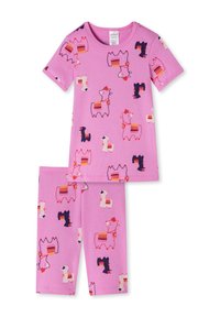 Pink pajama set featuring short-sleeve top and pants, decorated with colorful illustrations of llamas, woven patterns, and playful details.