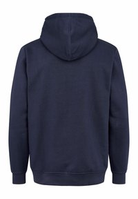 Sweat à capuche bleu marine à manches longues, avec poignets et ourlet côtelés, vu de dos sur fond blanc.