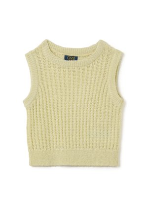 Kremfarvet strikket ærmeløs sweatervest med ribstruktur og rund halsudskæring, mærket med OVS brandlabel inde i kraven.