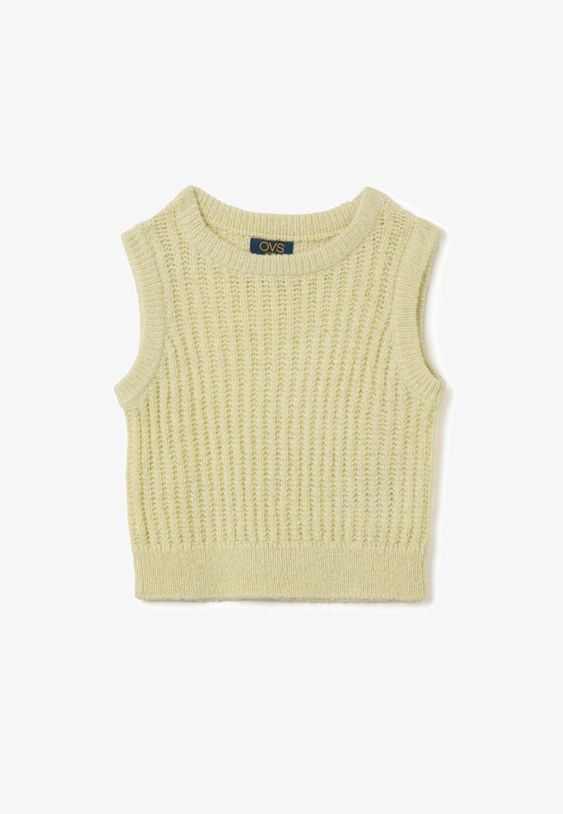Gilet sans manches tricoté couleur crème avec une texture côtelée et un col rond, étiqueté avec la marque OVS à l'intérieur du col.