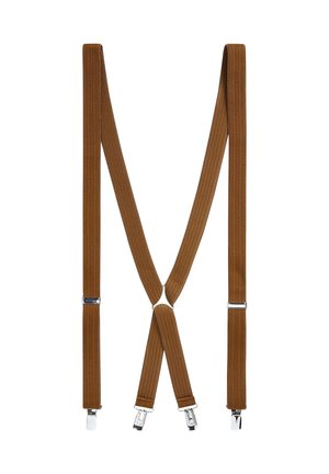 Bretelles élastiques marron avec attaches à clip en métal argenté formant un X, bretelles réglables pour la taille et les épaules.