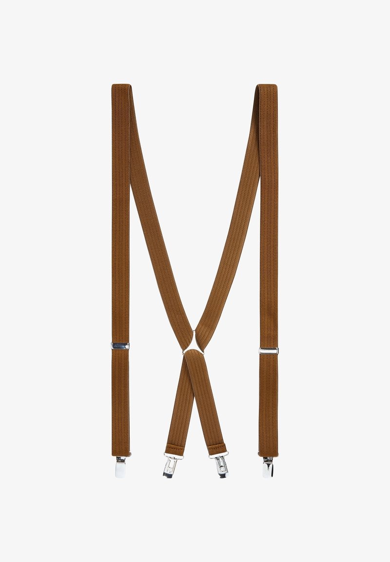 Bretelles élastiques marron avec attaches à clip en métal argenté formant un X, bretelles réglables pour la taille et les épaules.