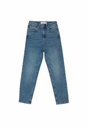 Højtaljede blå denim jeans med lige snit, fem lommer og subtilt slid. Lavet af bomuld med metalhardware-detaljer.