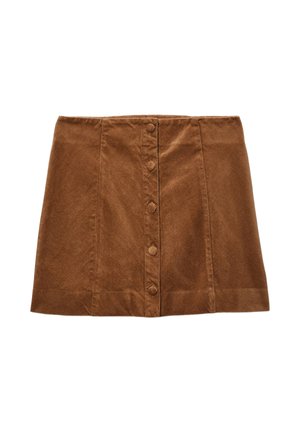 Mini jupe en velours côtelé marron avec une coupe droite, dotée de six boutons sur le devant, d'une surface texturée et de détails cousus le long de l'ourlet.