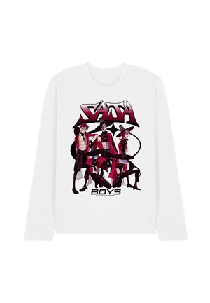 Langärmeliges weißes T-Shirt mit einem Grafikdruck von vier Figuren, überwiegend in Rot und Schwarz, mit dem Text "BOYS" am unteren Rand.