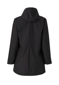 Czarna wodoodporna kurtka z kapturem, widoczna od tyłu, z długimi rękawami i szwem biegnącym poziomo przez środek pleców.