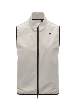 Gilet grigio chiaro senza maniche con zip, colletto alto, bordi neri e piccolo logo nero e bianco sul lato sinistro del petto.