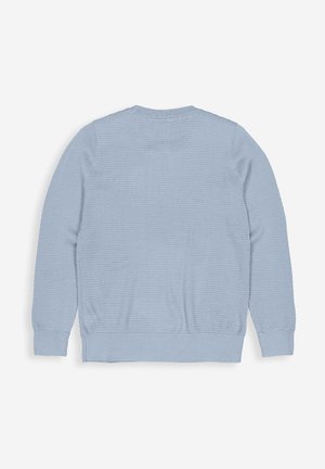 Lichtblauwe trui, gebreide textuur, lange mouwen, ronde halslijn, ribgebreide manchetten en zoom. Achteraanzicht benadrukt het patroon en de kleur uniformiteit.