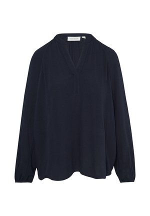 Navy blue long-sleeve shirt with a V-neckline, gathered shoulders, and a loose, flowing silhouette. Made of lightweight fabric.
